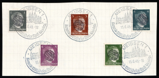 1945 MEISSEN Local Issue 1pf - 6pf on piece, Germany, Overprint on Hitler's head (Commemorative Cancellation)