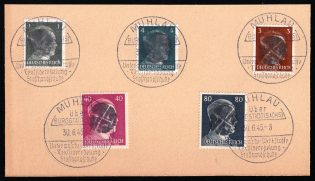 1945 MUHLAU Local Issue 1pf - 80pf on piece, Germany, Overprint on Hitler's head (Commemorative Cancellation)