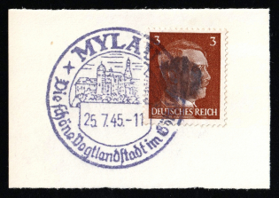 1945 MYLAU Local Issue 3pf on piece, Germany, Overprint on Hitler's head (Commemorative Cancellation)