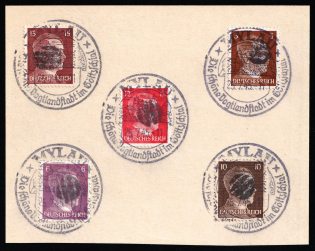 1945 MYLAU Local Issue 3pf - 15pf on piece, Germany, Overprint on Hitler's head (Commemorative Cancellation)