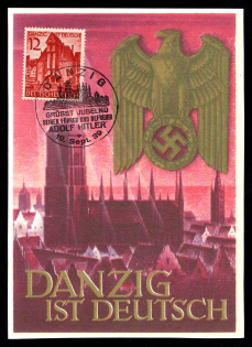 1939 'Danzig is German', Propaganda Postcard, Third Reich Nazi Germany (Plain back side)
