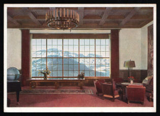 1939 'The Berghof Obersalzberg. View from the large hall onto the Lower Mountain', Propaganda Postcard, Third Reich Nazi Germany