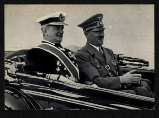 1938 'The fuhrer with his guest, Admiral v. Horthy, on the way to the shipyard in Kiel.', Propaganda Postcard, Third Reich Nazi Germany
