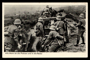 1938 'All hands to the guns and wheels', Propaganda Postcard, Third Reich Nazi Germany