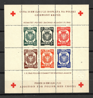1945 Poland Dachau Red Cross Camp Post Block with Watermark (Perf, MNH)