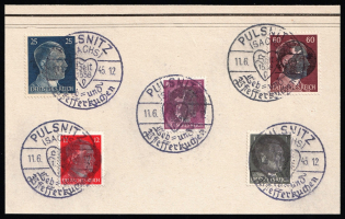 1945 PULSNITZ Local Issue 1pf - 60pf on piece, Germany, Overprint on Hitler's head (Commemorative Cancellation)