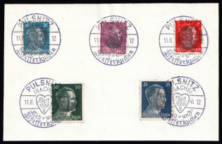 1945 PULSNITZ Local Issue 6pf - 50pf on piece, Germany, Overprint on Hitler's head (Commemorative Cancellation)