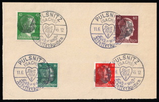 1945 PULSNITZ Local Issue 8pf - 60pf on piece, Germany, Overprint on Hitler's head (Commemorative Cancellation)