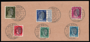 1945 PULSNITZ Local Issue 12pf - 40pf on piece, Germany, Overprint on Hitler's head (Commemorative Cancellation)