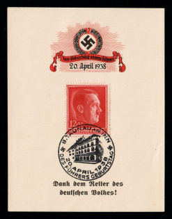 1938 'Thanks to the basement of the German people!', Propaganda Souvenir Sheet, Third Reich Nazi Germany