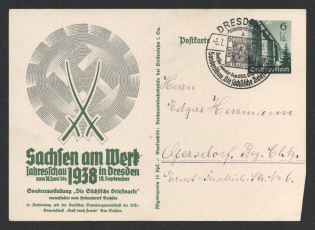 1938 'Saxony at work. Annual exhibition in Dresden', Propaganda Postal stationery, Third Reich Nazi Germany