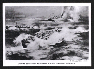 1933-1945 'German speedboats torpedo enemy auxiliary cruiser in the Channel', Propaganda Postcard, Third Reich Nazi Germany