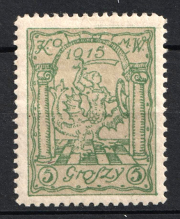 1915 5gr Warsaw Local Issue, Poland (Mi. I b, Fi. I, CV $130)