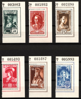 1943 Belgian Flemish Legion, Germany (Mi. IX - XIV, Plate Numbers, Corner Margins, Full Set, CV $330)