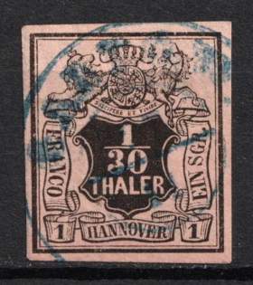 1851 1/30th Hannover, German States, Germany (Mi. 3 a, Canceled, CV $80)