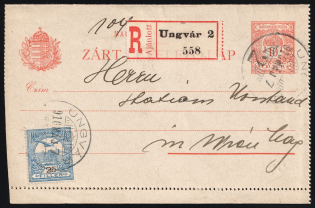1910 (7 May) Austria-Hungary, Postal Stationery Registered Postcard from Uzhhorod (now Ukraine) franked with 25f
