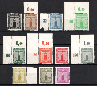 1938 Third Reich, Germany, Official Stamps (Mi. 144 - 154, Full Set, Margins, Plate Numbers, CV $200, MNH)