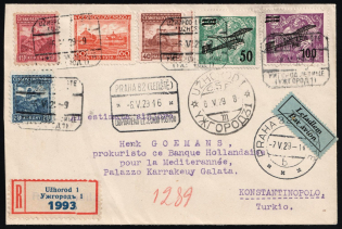 1929 (6 May) Czechoslovakia, Airmail Registered Cover from Uzhhorod (now Ukraine) to Constantinople (Turkey) via Prague franked with 40h, 60h, 1.5k, 2.5k, 50h and 100h