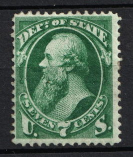 1873 7c Stanton, Official Mail Stamps 'State', United States, USA (Scott O61, Dark Green, CV $290)