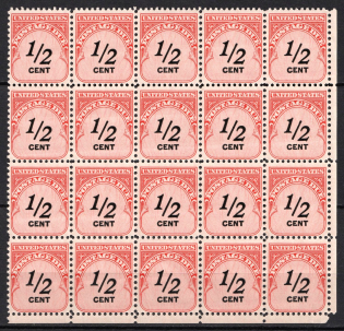 1959 1/2c Postage Due Stamp, United States, USA, Corner Block of Twenty (Scott J88, CV $750+, MNH)