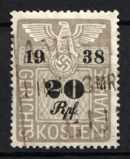 1938 20rpf Third Reich, Germany, Fiscal, Court Cost Stamp, Revenue (Used)