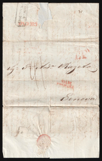 1842 (4 May) Russian Empire, Stampless Letter from Odessa to Genoa (Italy) ('Odessa 4 May 1842' boxed two-line postmark, Red 'Via di Voghera' and 'Giuono' markings, Red 'LT' in circle marking)