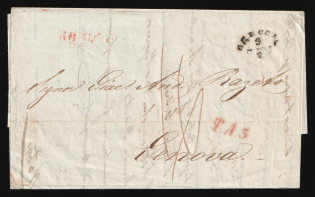 Russian Empire, Stampless Letter from Odessa to Genoa (Italy) ('Odessa' postmark, Red 'T.A.3' and '8.8BRE.' markings)