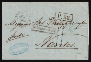 1867 (18 Jul) Russian Empire, Stampless Letter from Saint Petersburg to Nantes (France) via Paris (France) ('Saint Petersburg 18 Jul 1867', 'P.38.' and 'Not franked' in boxed and Blue 'George Schweyer St. Petersburg' Oval Postmarks, Signed)