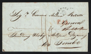 1845 (7 Oct) Russian Empire, Stampless Letter from Mariupol to Genoa (Italy) via Odessa ('Mariupol 7 Oct 1845' two-line postmark,'Odessa 10/1' postmark, Red 'T.A.3.' and '10. 9BAE' markings)