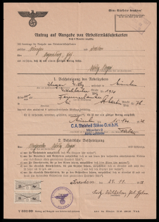 1938 (25 Nov) Dresden, Third Reich, Germany, Certificate for the Establishment of a Transport Card for a Worker, Police Revenue Stamps on Document