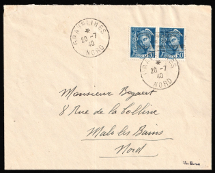 1940 (20 Jul) Dunkirk, German Occupation of France, Germany, Cover from Gravelines and to Malo-les-Bains franked with pair 50c (Mi. 3 I, CV $780)