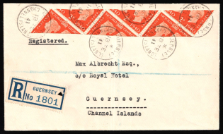 1941 (18 Feb) Guernsey, German Occupation, Germany, Registered Cover from and to Guernsey mutiple franked with 2P (Mi. II, CV $200)