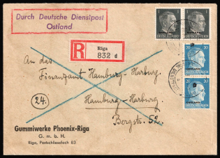 1944 (27 Mar) Ostland, German Occupation, Germany, Registered Cover from Riga to Hamburg franked with pairs of 1pf and 20pf (Mi. 1, 11, CV $30)