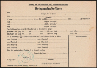 Third Reich, Germany, Blank of War Leave Certificate (Green-Blue Handstamp)