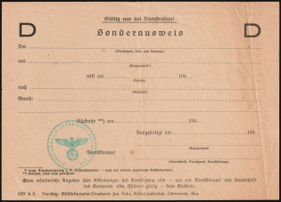 Third Reich, Germany, Blank of Special Pass for Official Trips (Green-Blue Handstamp)