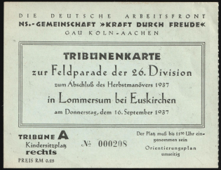 1937 (16 Sep) Cologne, Third Reich, Germany, Tribune Ticket for the Field Parade of the 26th Division