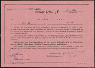 1944 (16 May) Mainz, Third Reich, Germany, Military Pass (Violet Handstamps, Used)