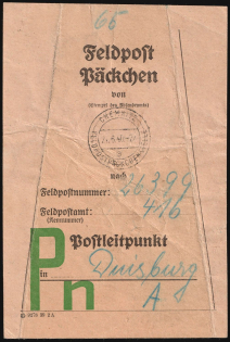 1940 (27 Jun) Duisburg, Third Reich, Germany, Pre-binding slip for letters, Field Post Feldpost ('Chemnitz Field Post Parcel Location' Handstamp, Used)