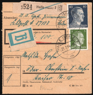 1944 (21 Feb) Halle (Saale), Third Reich, Germany, Parcel Card, Field Post Feldpost ('Haale (Saale) 7' Handstamp, Used)