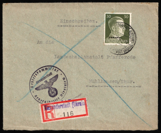 1943 (19 Dec) Ukraine, German Occupation, Germany, Registered Cover from B. Alexandrovka to Muhlhausen franked with 30pf and block of four with 3pf (Mi. 2, 14, CV $40)