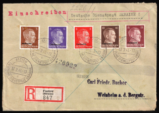 1943 (7 Feb) Ukraine, German Occupation, Germany, Registered Censored Cover from Fastiv to Weinheim franked with 3pf, 6pf, 8pf, 10pf and 15pf (Mi. 2, 5 - 7, 9, CV $30)