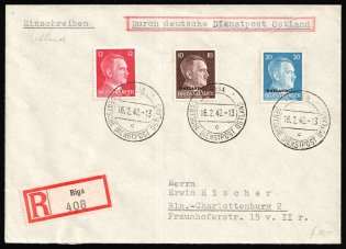 1942 (16 Feb) Ostland, German Occupation, Germany, Registered Cover from Riga to Charlottenburg franked with 10pf, 12pf and 20pf (Mi. 7, 11, 788, CV $30)