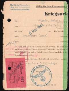 1944 (6 May) Frankfurt, Third Reich, Germany, Leave Certificate for Military Personnel (Violet and Blue Handstamps, Used)