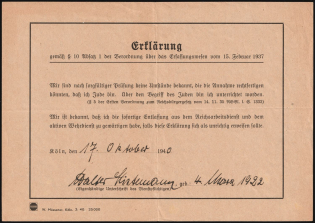 1940 (17 Oct) Cologne, Third Reich, Germany, Statement by the Undersigned that He is Not a Jew (Used)