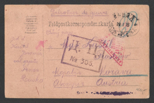1916 Odessa Censorship, WWI Censored POW postcard from Penza to Austria with violet boxed censor handstamp 'DC 306' and Vienna cs