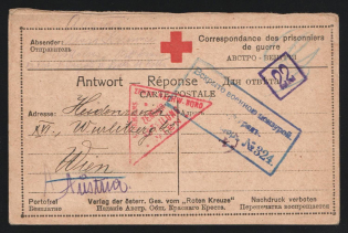 1916 Petrograd Censorship, WWI Censored POW postcard from Petrograd to Austria with blue boxed censor handstamp 'Opened by censor 324' and Vienna cs