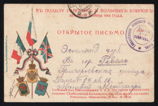 "191? WWI Russia Military mail seal ""Guards Reserve Cavalry Regiment"" Charity PS stationery card (Allies flags and arms) Novgorod to Reval (Tallinn Estonia)"