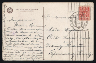 "1917 WWI Russia transit pmk Head Field Post Office in Minsk /1 on PPC postcard (painting Young lady ""Naughty!"") from Moscow to Active Army military doctor of the Life Guards Cossack Regiment"