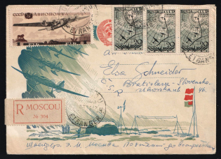 1938 Russia USSR Moscow Arctic Base illustrated registered cover fr. 1r Air Post + 20k North Pole flight (3) to Bratislava Slovakia
