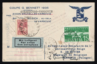 "1935 Balloon Post Gordon Bennett Cup ""Belgica"" Flight STRASBOURG France - WARSAW Poland from Switzerland FRIBOURG extended to USSR Russia VESHENSKAYA mixed franking souvenir card Air Mail"
